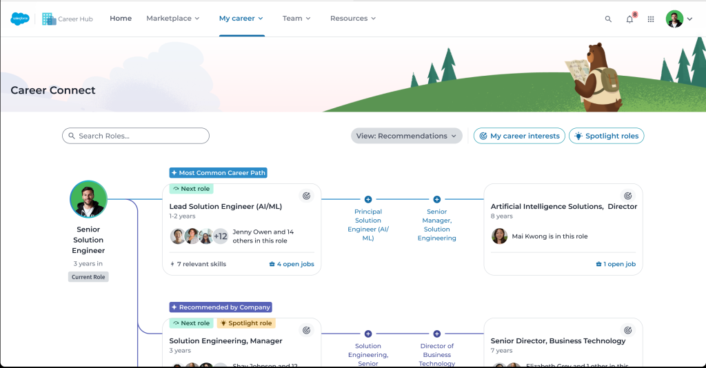 Based on their job history and skills, employees can see common career paths or career paths they may not have considered. 